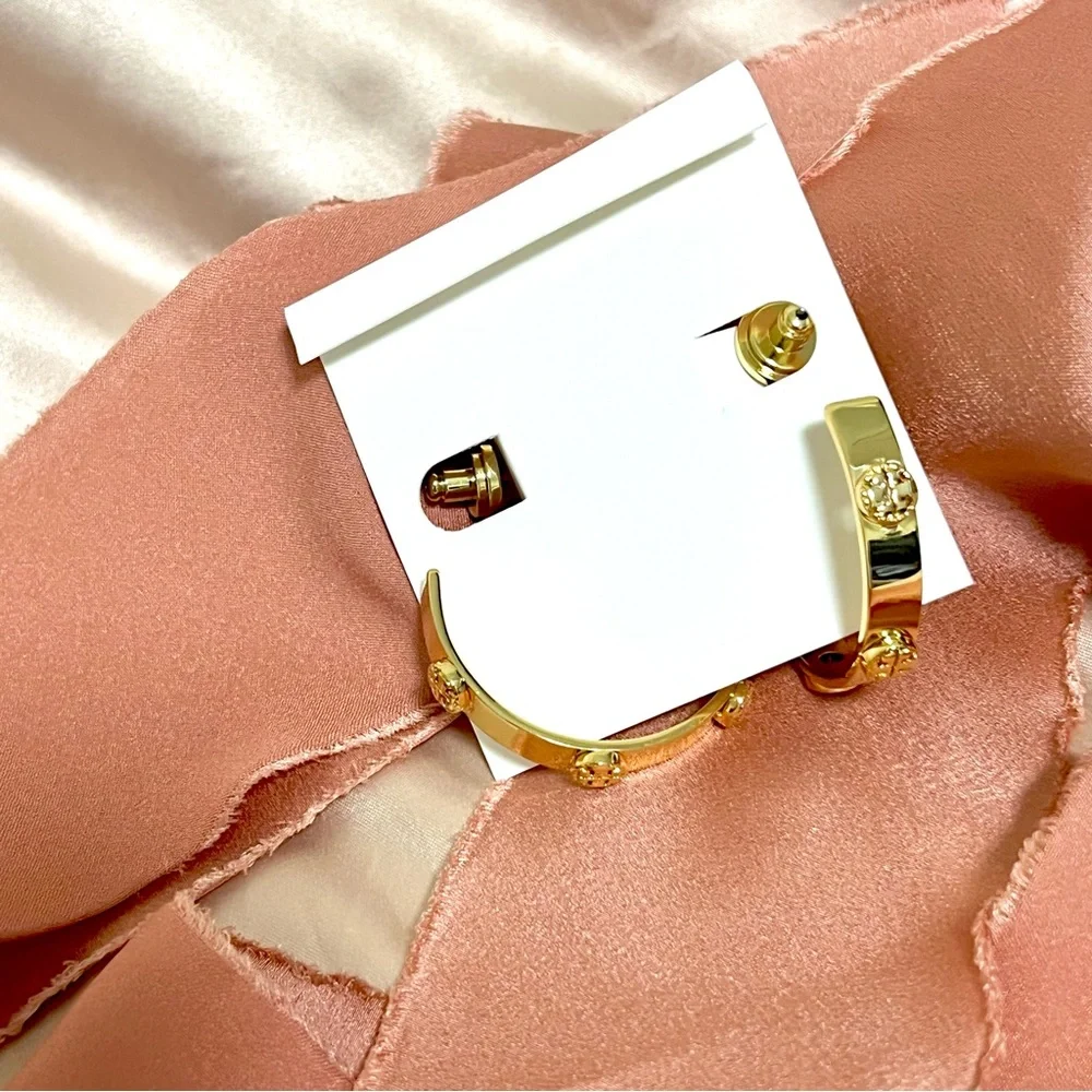 Tory Burch Miller Goldtone Logo Hoop Earrings - Picture 6 of 8